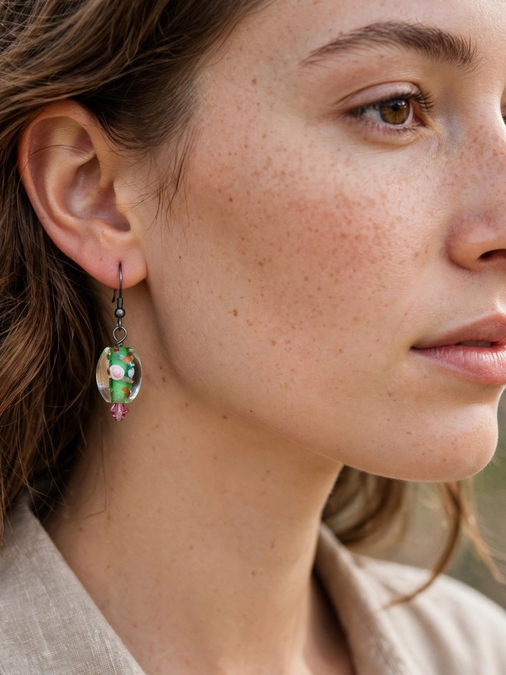Handmade Green Floral Glass Drop Earrings - Dangle Style